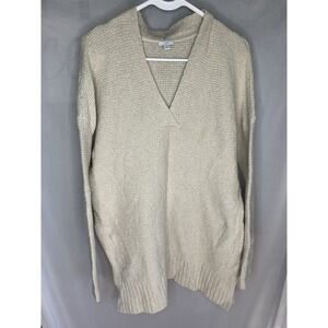 Women's M J. Jill Oversized Waffle Knit Pullover Sweater Beige Vneck Cozy Cotton